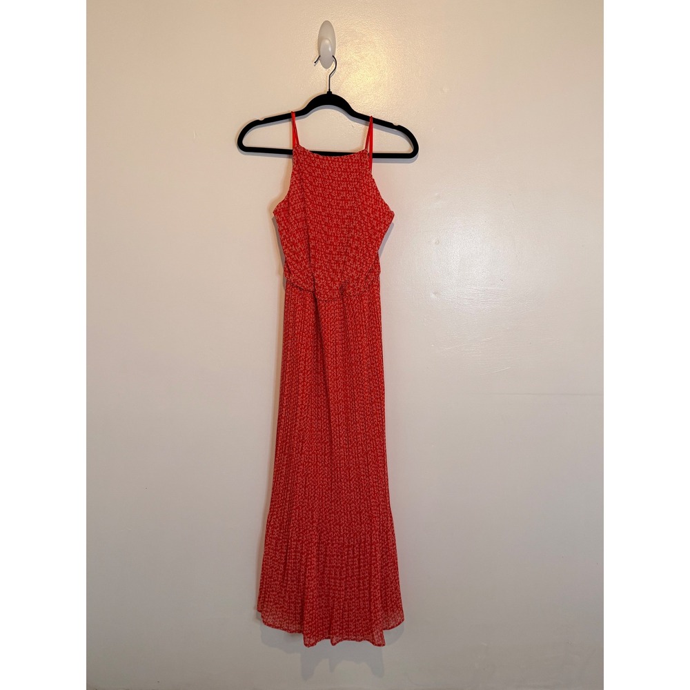 She +‎ Sky Red Floral Pleated Maxi Dress Reverse Halter Elastic Waist Large